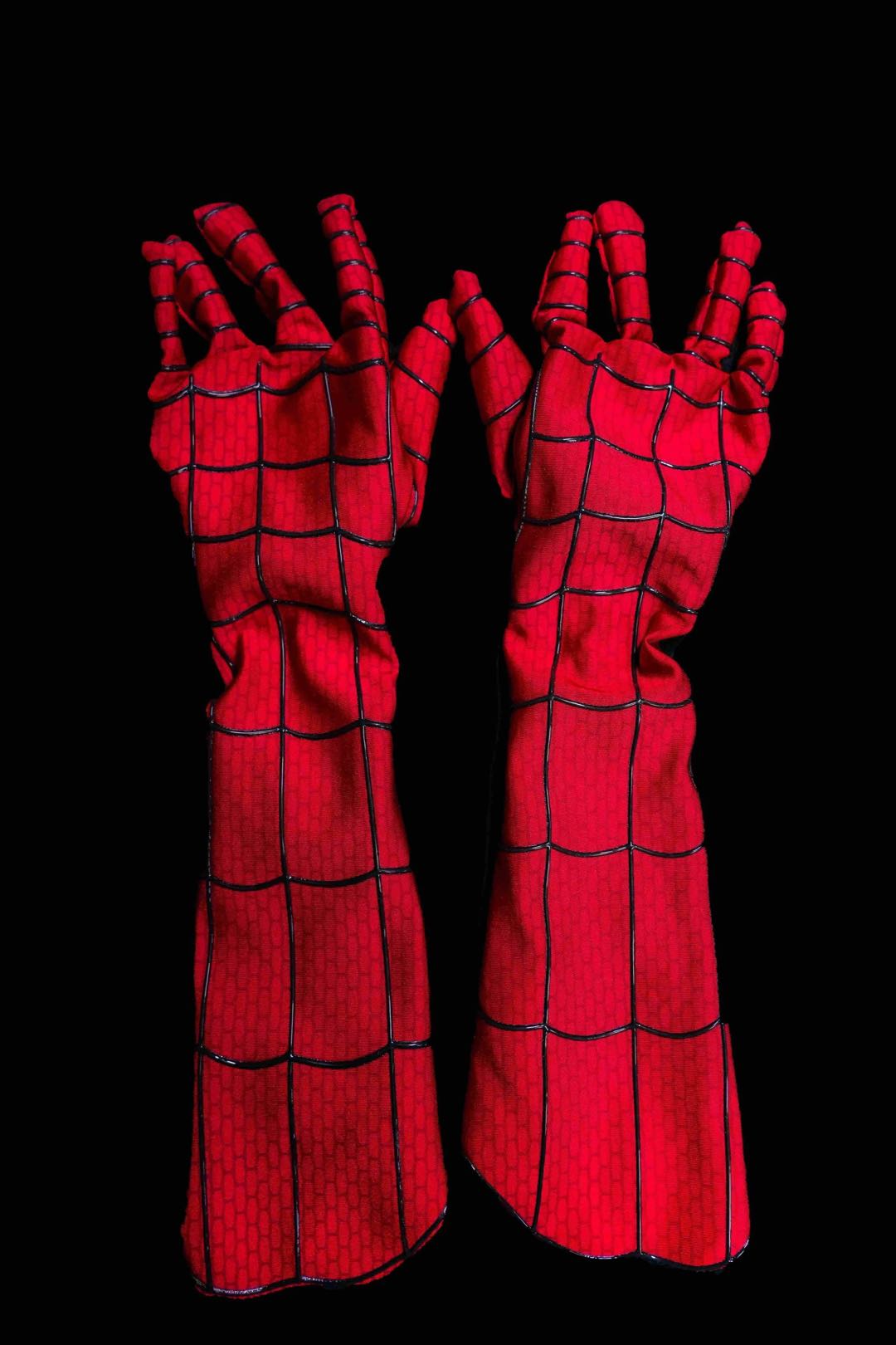 MaskOryx BND edition red cosplay gloves with detailed black spider-web patterning and extended forearm length.
