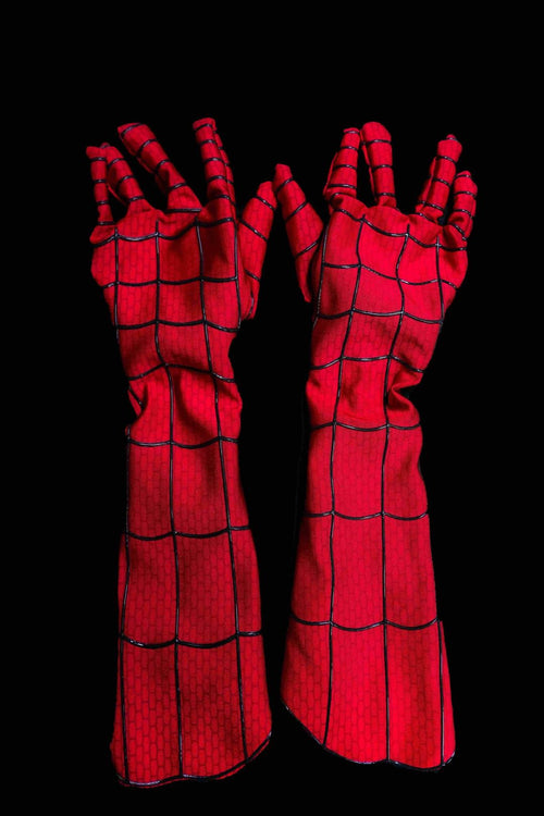 MaskOryx BND edition red cosplay gloves with detailed black spider-web patterning and extended forearm length.