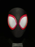 MaskOryx Morales full head cosplay mask with textured black fabric, structured shell, and red-rimmed magnetic lenses.