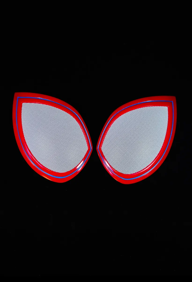 MaskOryx Morales edition spider-inspired red and white magnetic eye lenses for cosplay mask on black background
