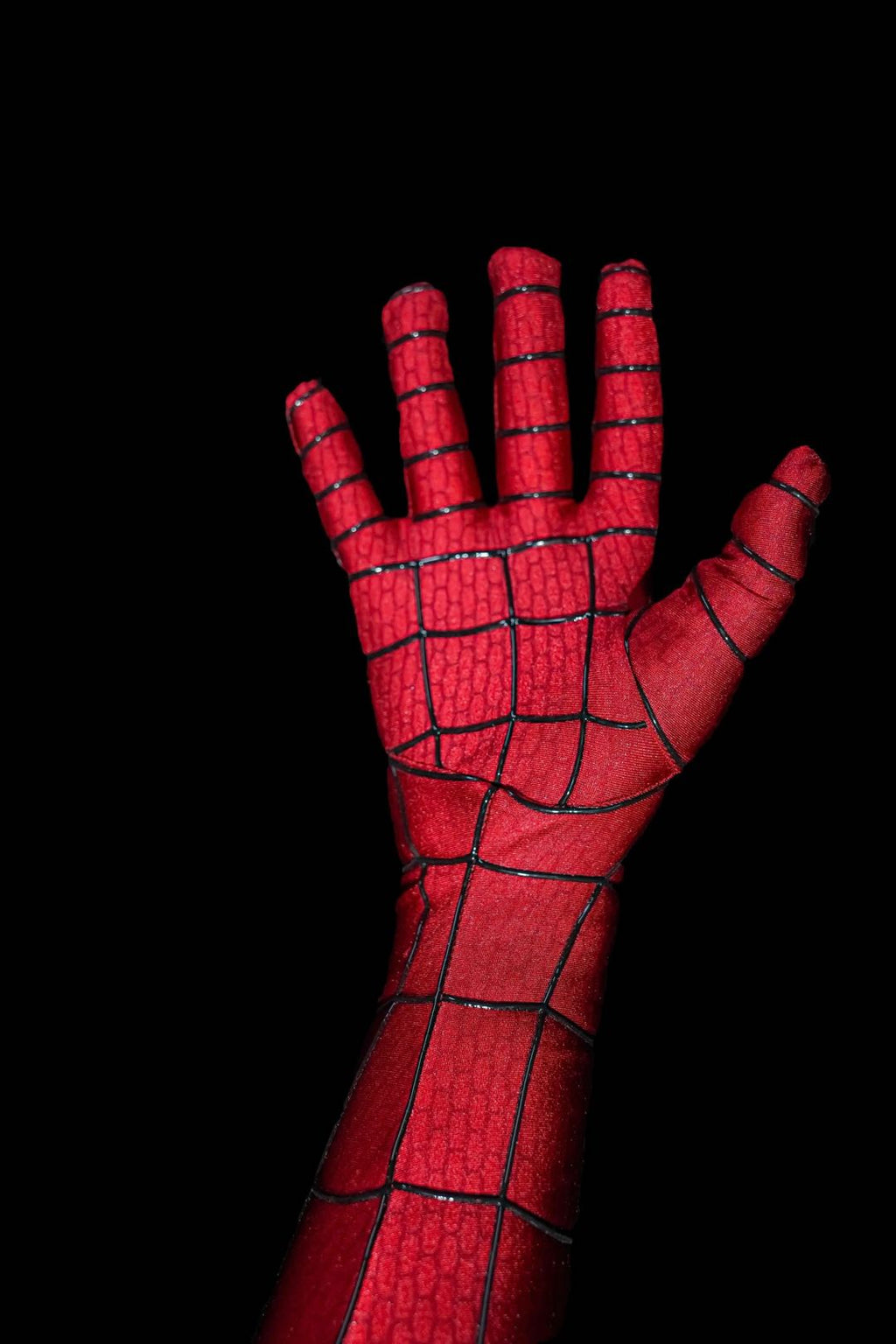MaskOryx Bnd long red cosplay gloves with detailed black spider-web patterning for a complete superhero suit look