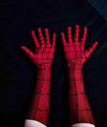 MaskOryx red BND cosplay gloves with detailed black spider-web patterning and extended forearm length for suits.
