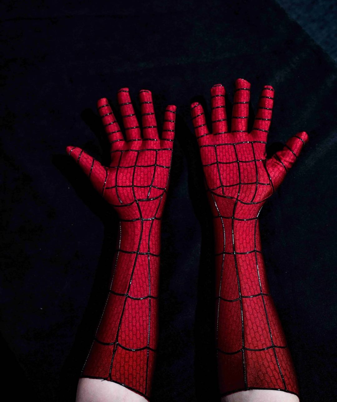 MaskOryx red BND cosplay gloves with detailed black spider-web patterning and extended forearm length for suits.