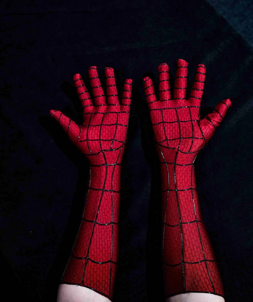 MaskOryx red BND cosplay gloves with detailed black spider-web patterning and extended forearm length for suits.